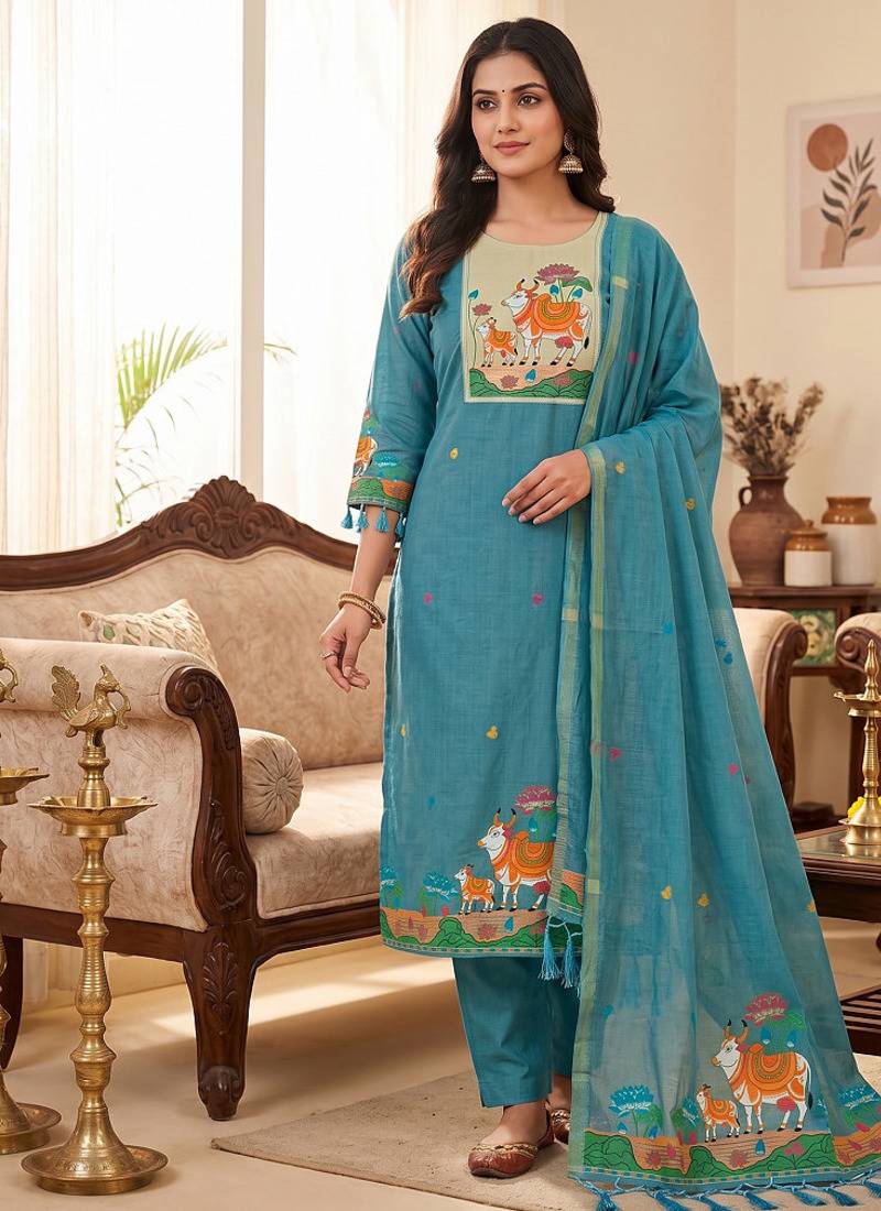 Premium cow design jamdani muga cotton salwar kameez material