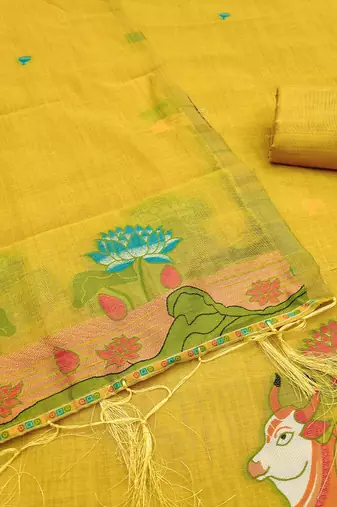 Premium cow design jamdani muga cotton salwar kameez material
