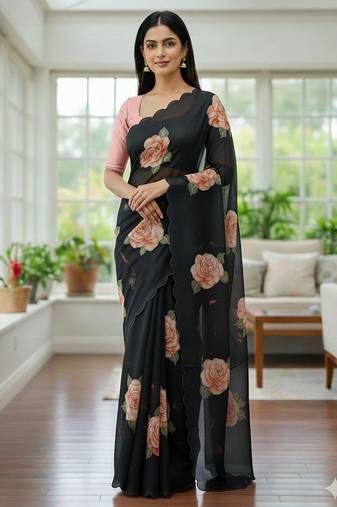 black floral print moti work organza saree with blouse