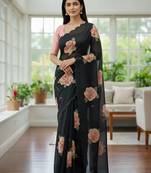 black floral print moti work organza saree with blouse