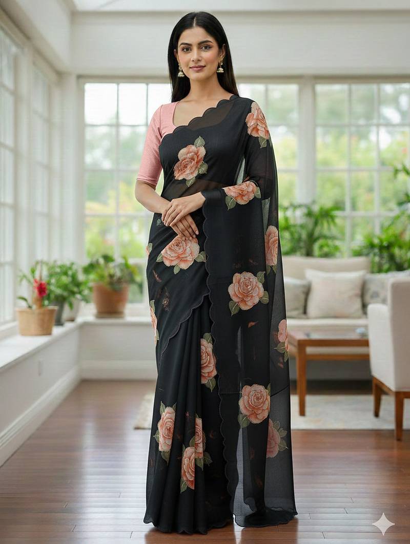 black floral print moti work organza saree with blouse