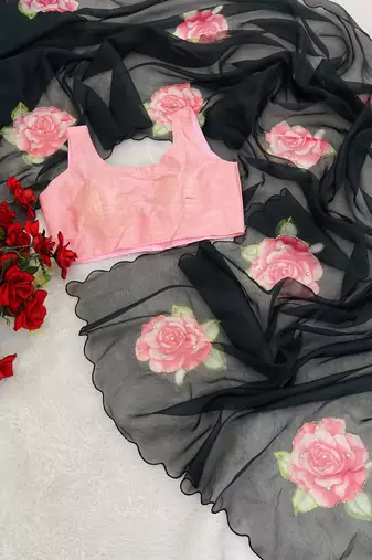 black floral print moti work organza saree with blouse