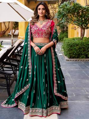 Green sequined embroidered work wedding lehenga choli with dupatta 1