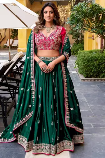 Green sequined embroidered work wedding lehenga choli with dupatta