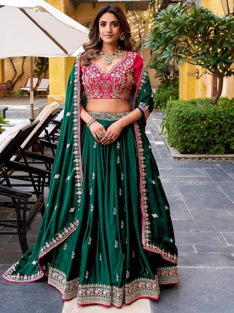 Green sequined embroidered work wedding lehenga choli with dupatta