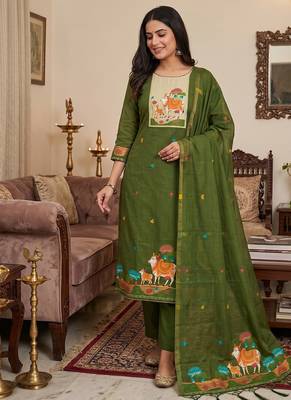 Premium cow design jamdani muga cotton salwar kameez material 1
