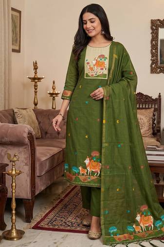 Premium cow design jamdani muga cotton salwar kameez material