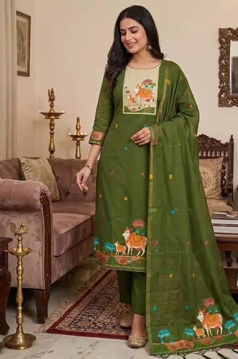 Premium cow design jamdani muga cotton salwar kameez material