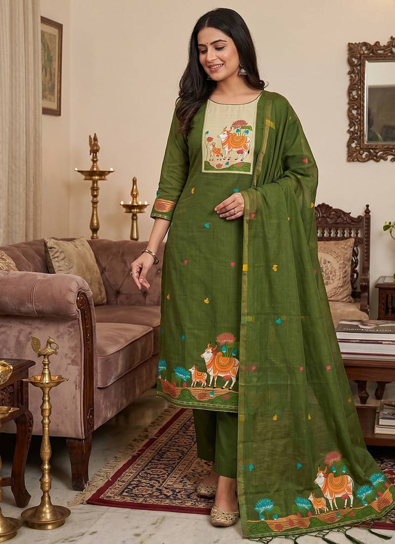 Premium cow design jamdani muga cotton salwar kameez material