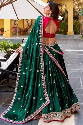 Green sequined embroidered work wedding lehenga choli with dupatta