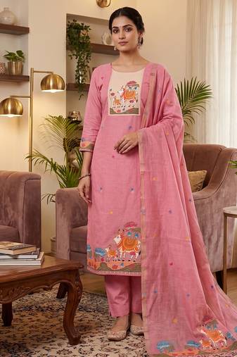 Premium cow design jamdani muga cotton salwar kameez material