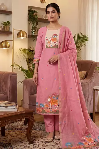 Premium cow design jamdani muga cotton salwar kameez material