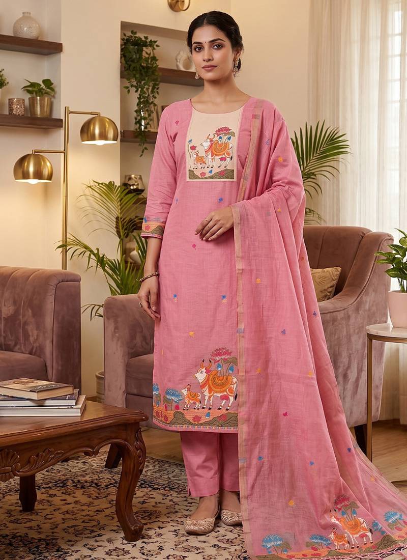 Premium cow design jamdani muga cotton salwar kameez material