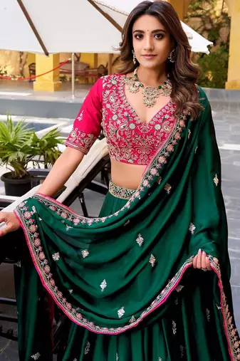 Green sequined embroidered work wedding lehenga choli with dupatta