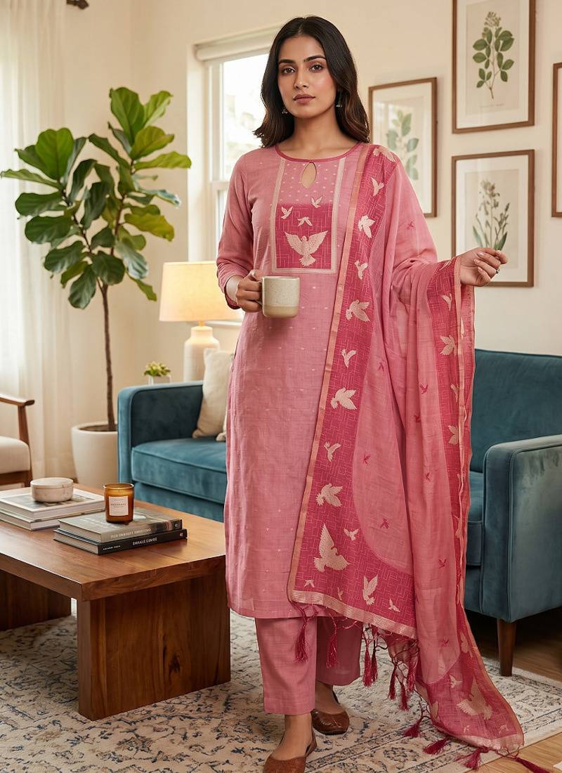 Premium birds design jamdani muga cotton salwar kameez material