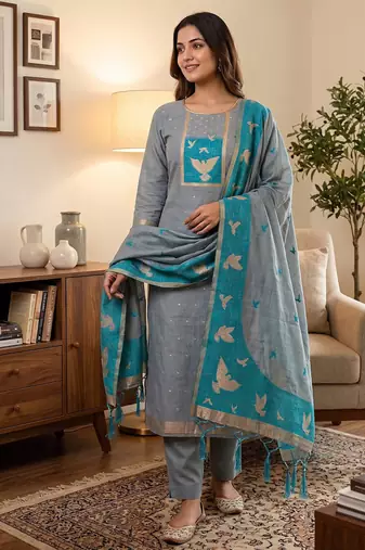 Premium birds design jamdani muga cotton salwar kameez material