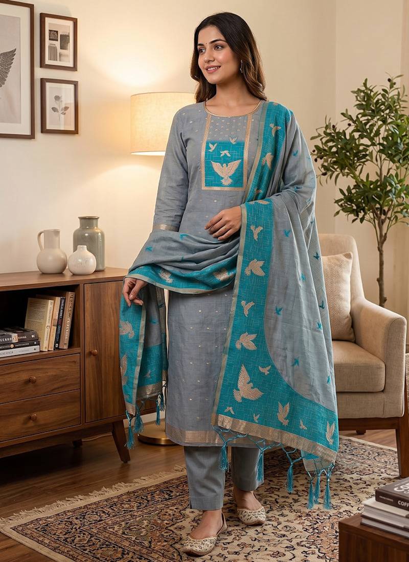 Premium birds design jamdani muga cotton salwar kameez material