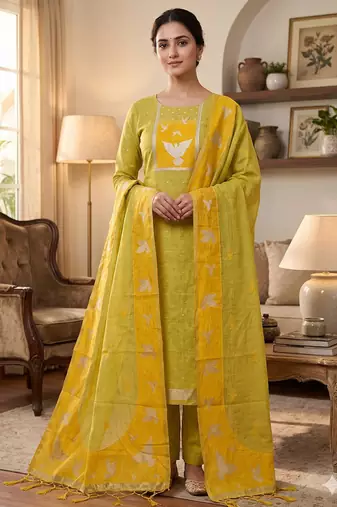 Premium birds design jamdani muga cotton salwar kameez material