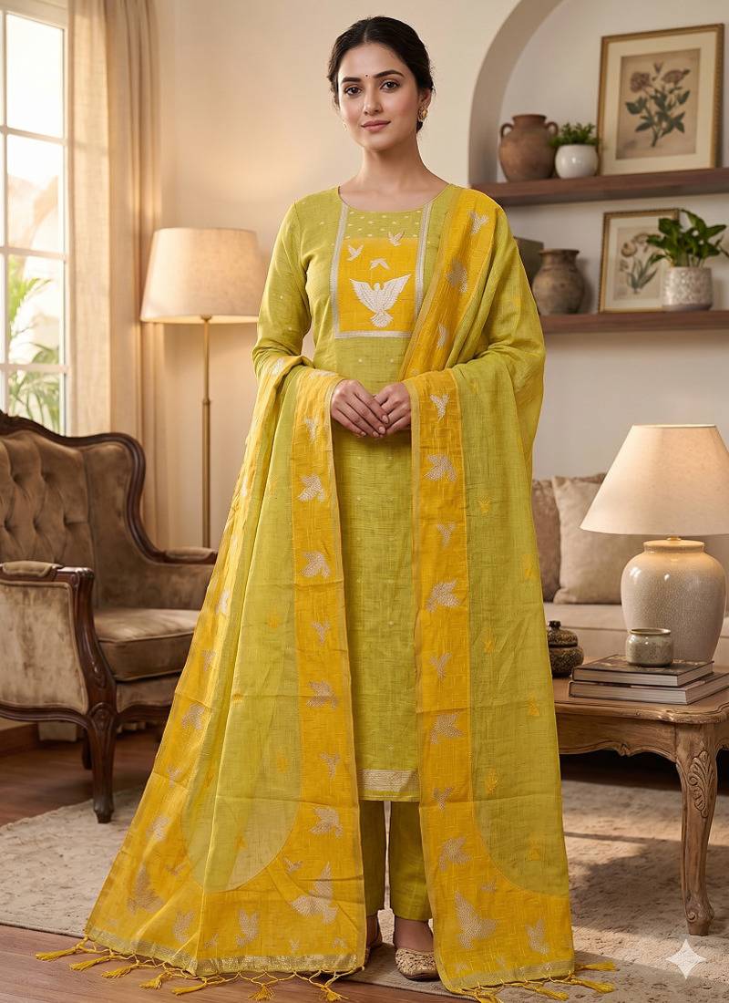 Premium birds design jamdani muga cotton salwar kameez material