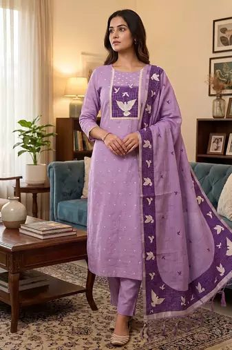 Premium birds design jamdani muga cotton salwar kameez material