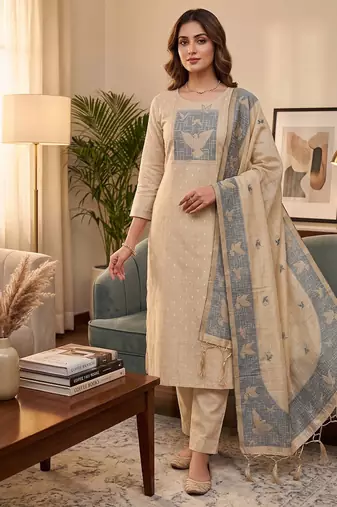 Premium birds design jamdani muga cotton salwar kameez material