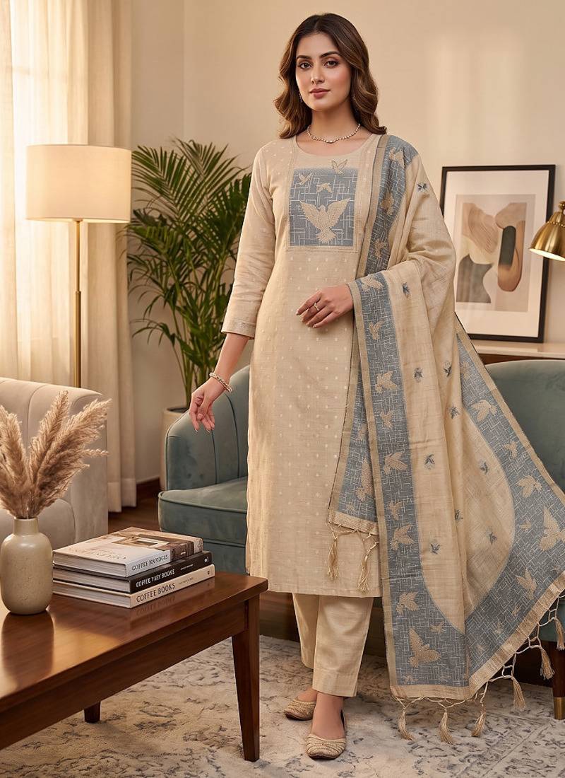 Premium birds design jamdani muga cotton salwar kameez material