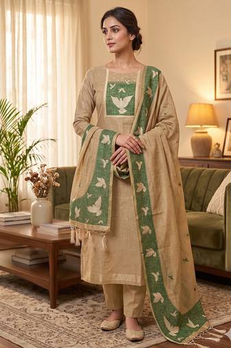 Premium birds design jamdani muga cotton salwar kameez material