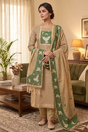 Premium birds design jamdani muga cotton salwar kameez material