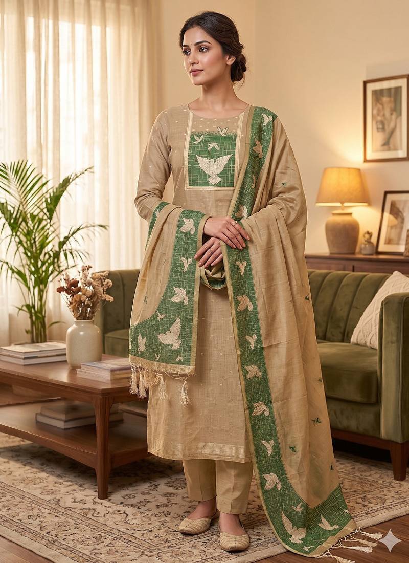 Premium birds design jamdani muga cotton salwar kameez material