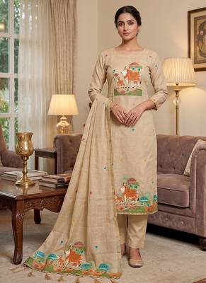 Premium cow design jamdani muga cotton salwar kameez material 1