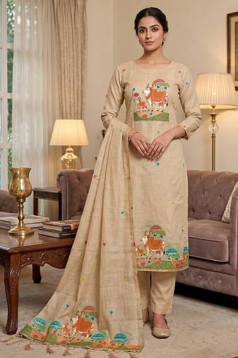 Premium cow design jamdani muga cotton salwar kameez material