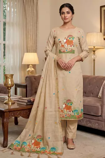 Premium cow design jamdani muga cotton salwar kameez material