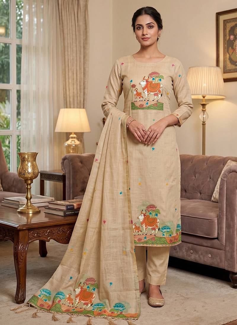 Premium cow design jamdani muga cotton salwar kameez material