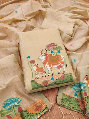 Premium cow design jamdani muga cotton salwar kameez material 2