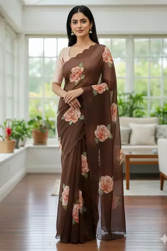 brown floral print moti work organza saree with blouse