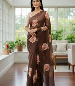 brown floral print moti work organza saree with blouse