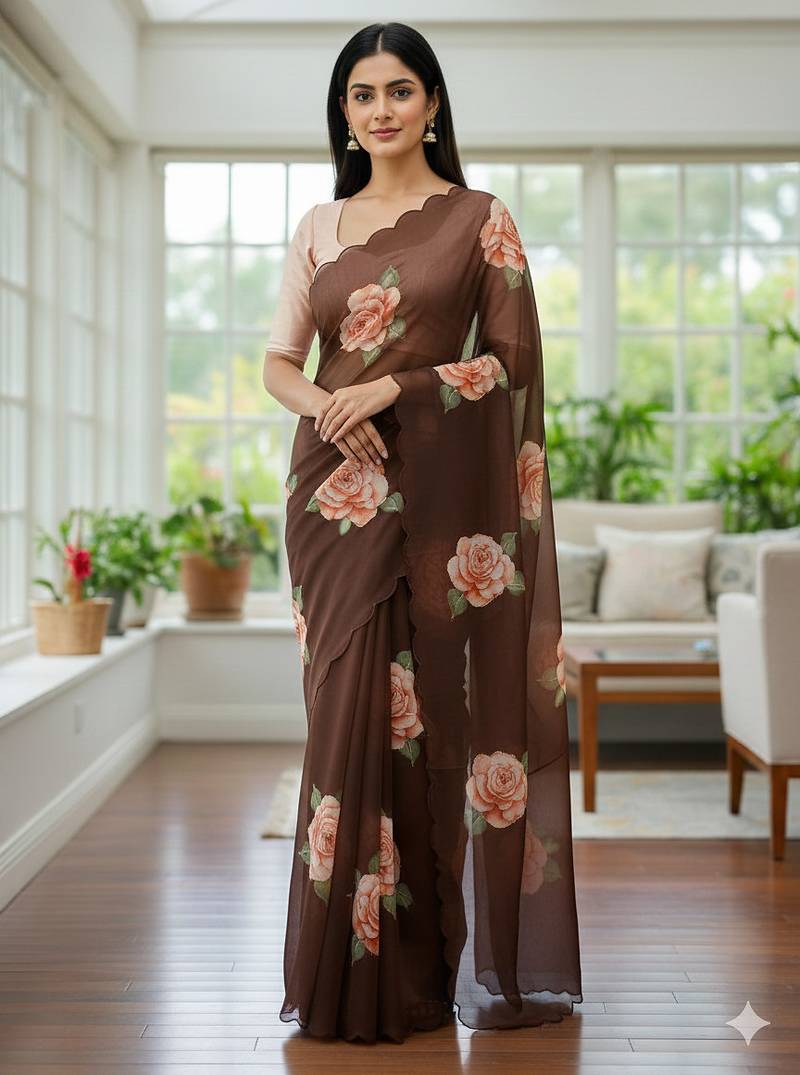 brown floral print moti work organza saree with blouse