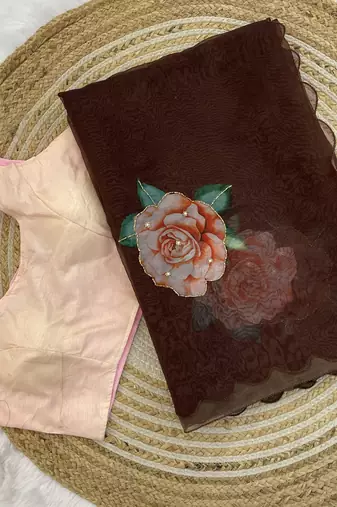 brown floral print moti work organza saree with blouse