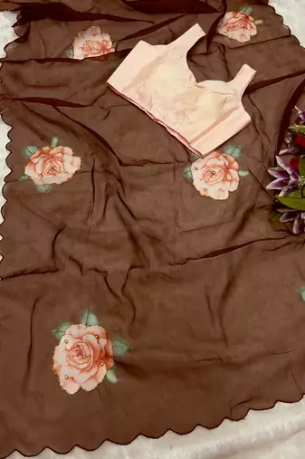 brown floral print moti work organza saree with blouse