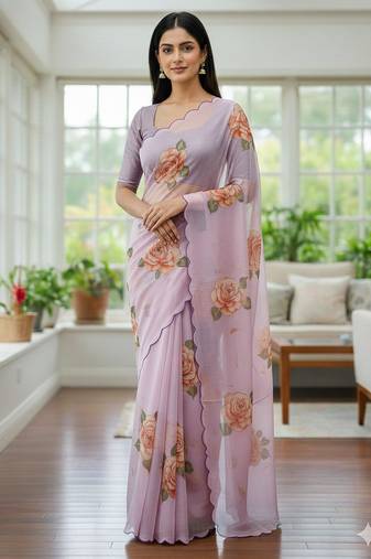 lavender floral print moti work organza saree with blouse