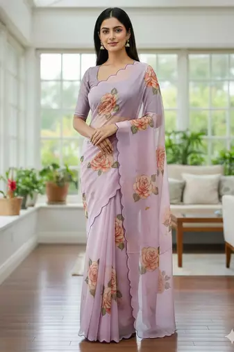 lavender floral print moti work organza saree with blouse
