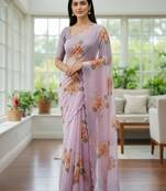 lavender floral print moti work organza saree with blouse