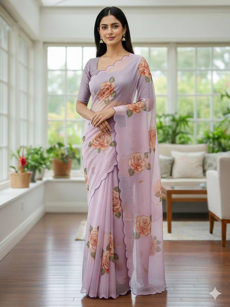 lavender floral print moti work organza saree with blouse
