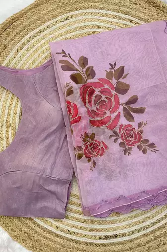 lavender floral print moti work organza saree with blouse