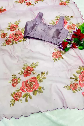 lavender floral print moti work organza saree with blouse