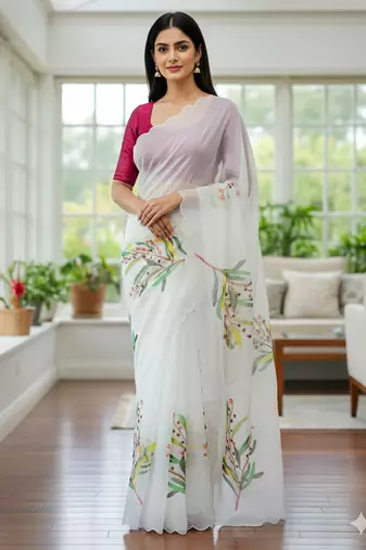 white floral print moti work organza saree with blouse
