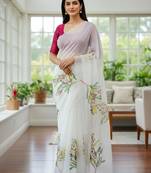 white floral print moti work organza saree with blouse
