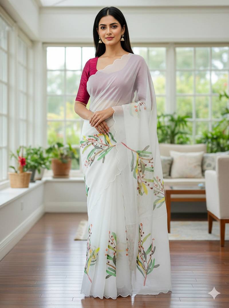 white floral print moti work organza saree with blouse