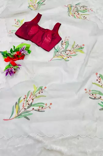 white floral print moti work organza saree with blouse