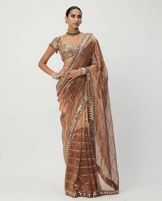 Copper sequin embroidered, mirror work,  zimmy choo silk bollywood saree with blouse 1
